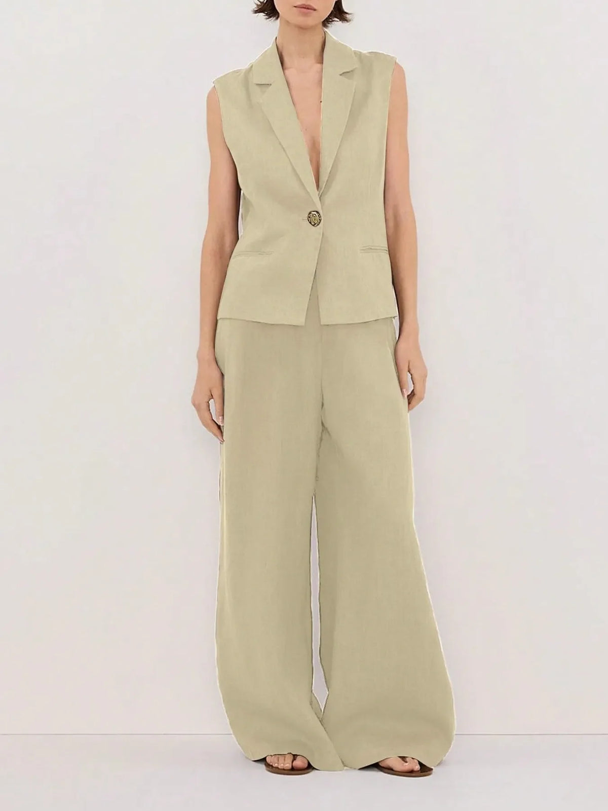 One Button Sleeveless Top and Pants Set