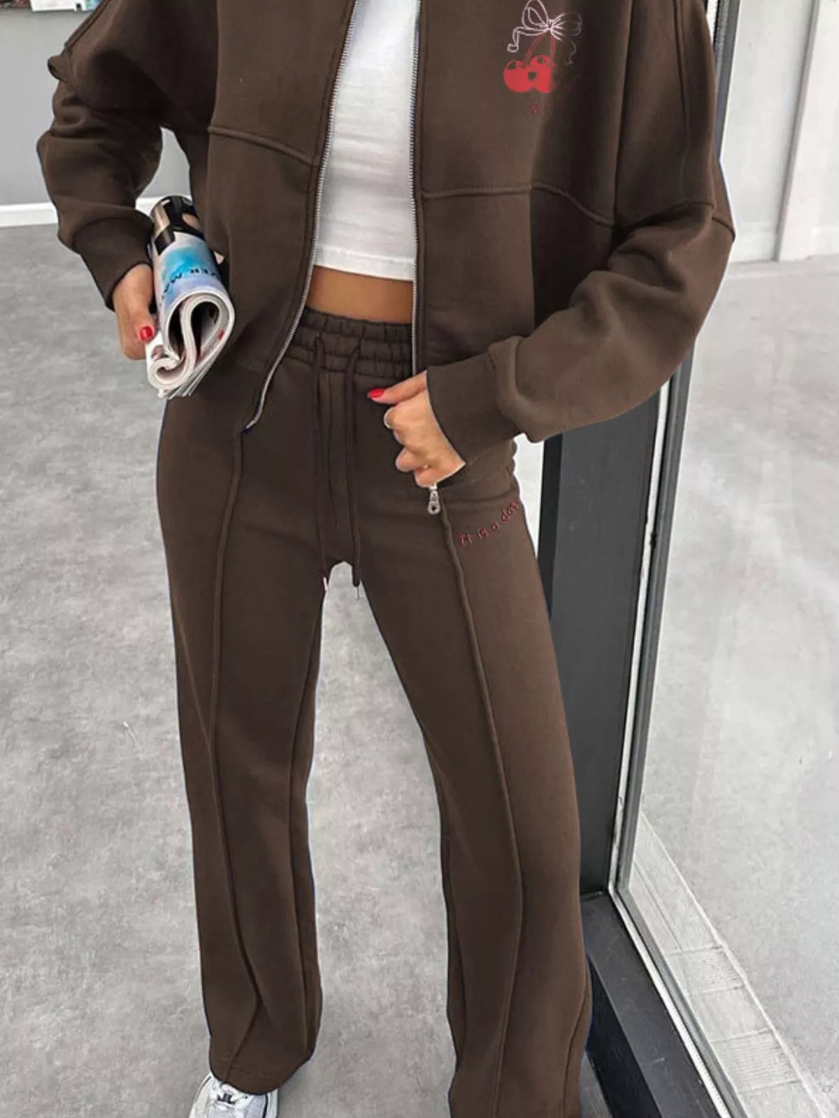 Zip Up Dropped Shoulder Outerwear and Pants Set