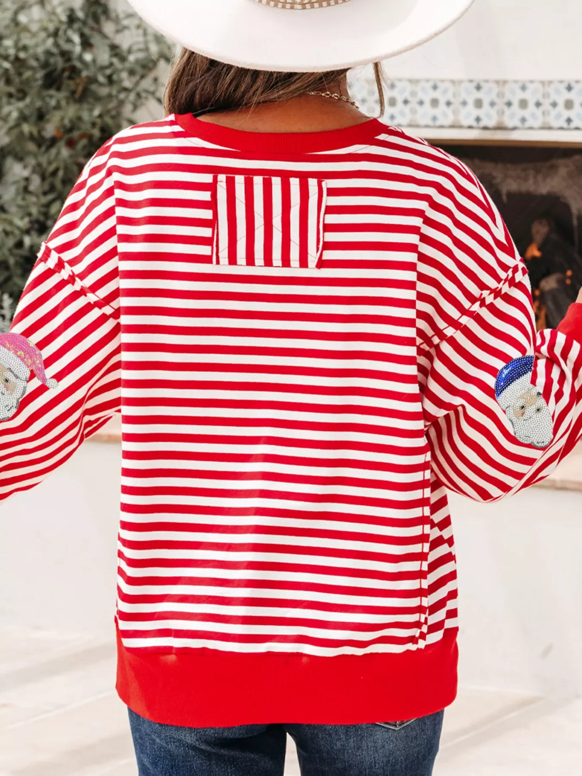 Stripe Sequin Santa Round Neck Raw Seam Detail Christmas Long Sleeve Top