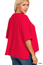 Zenana Full Size Double Knit Side Slits Hi Low Short Sleeve Top Plus Size