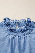 Frilled Collar Flutter Sleeve Denim Top