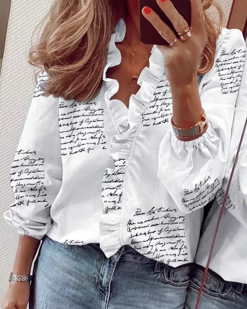 Full Size Printed V-Neck Blouse with Ruffled Plus Size