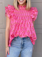 Floral Print Pleated Ruffled Flutter Sleeve Blouse