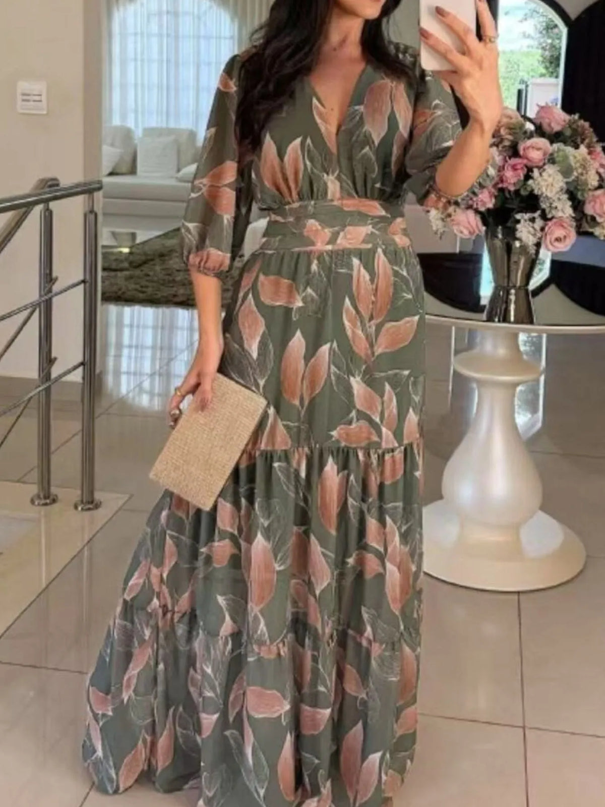 Full Size Printed V-Neck Maxi Dress with Tiered Hemline Plus Size