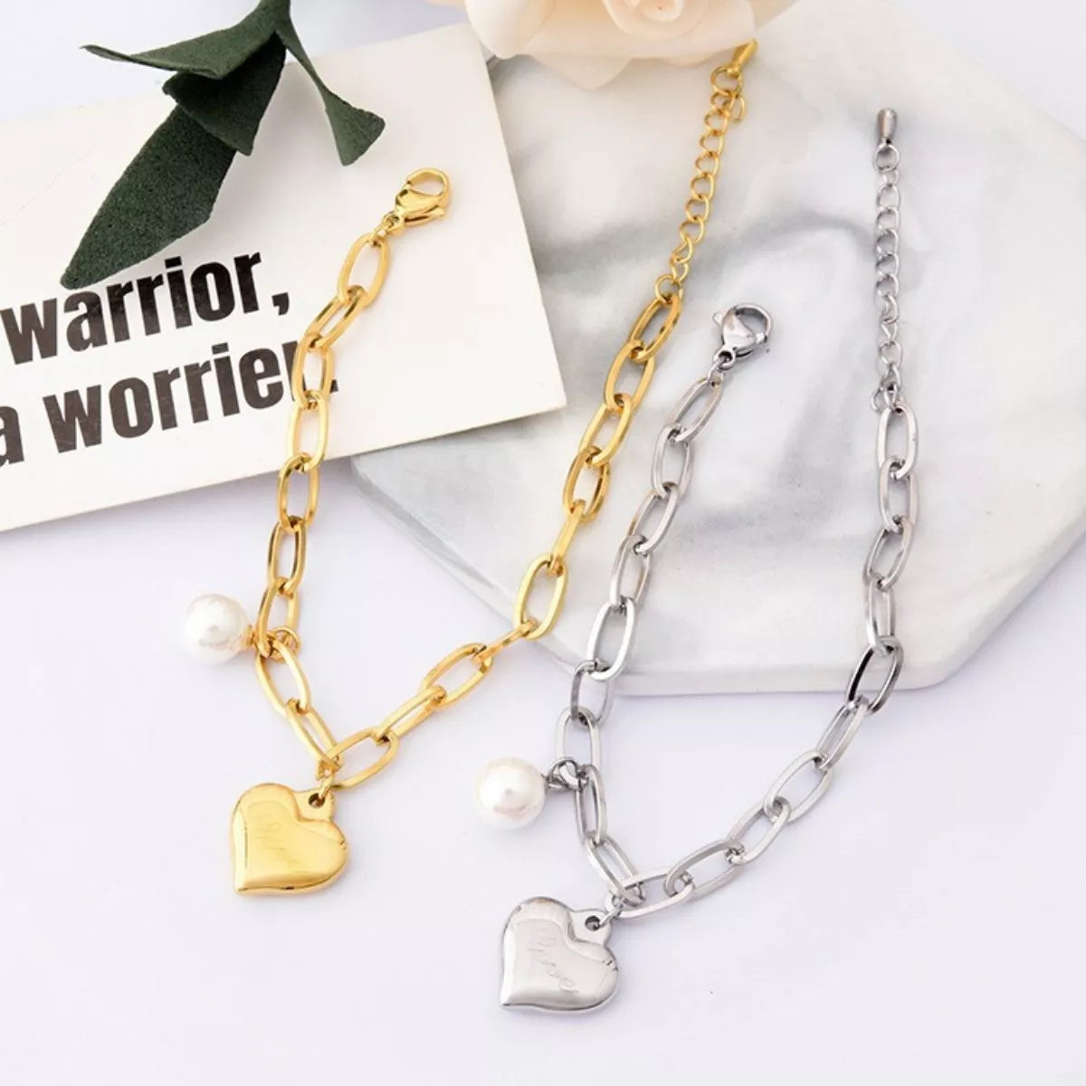 Heart Charm Pearl Accent Chain Bracelet