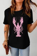 Checkered Lobster Graphic Round Neck Short Sleeve T-Shirt