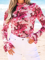 Floral Mesh Flounce Sleeve Mock Neck Blouse