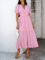 Devine V-Neck Puff Short Sleeve Midi Dress