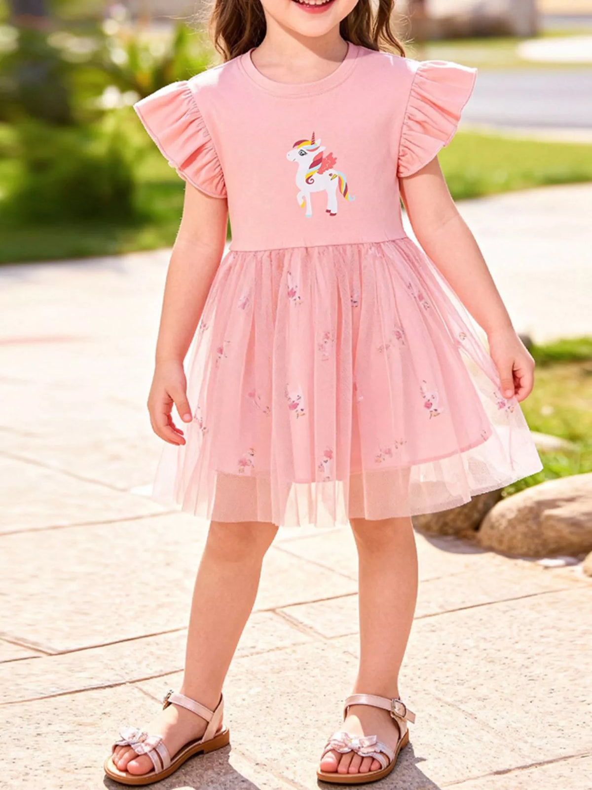 Children's Unicorn Ruffle Sleeve Tulle Dress