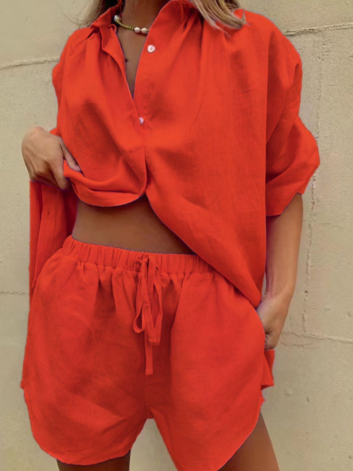 Button Up Shirt and Drawstring Shorts Set