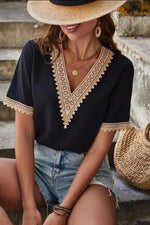 Full Size Lace Detail V-Neck Short Sleeve Blouse Plus Size