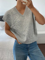 Ribbed Hem V-Neck Short Sleeve Sweater