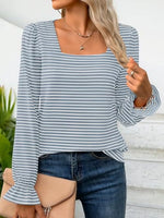 Striped Square Neck Flounce Sleeve Top