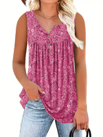 Full Size Floral Print Button Detail Tank Plus Size