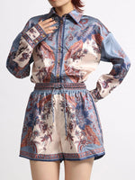 Printed Button Front Long Sleeve Shirt and Shorts Set