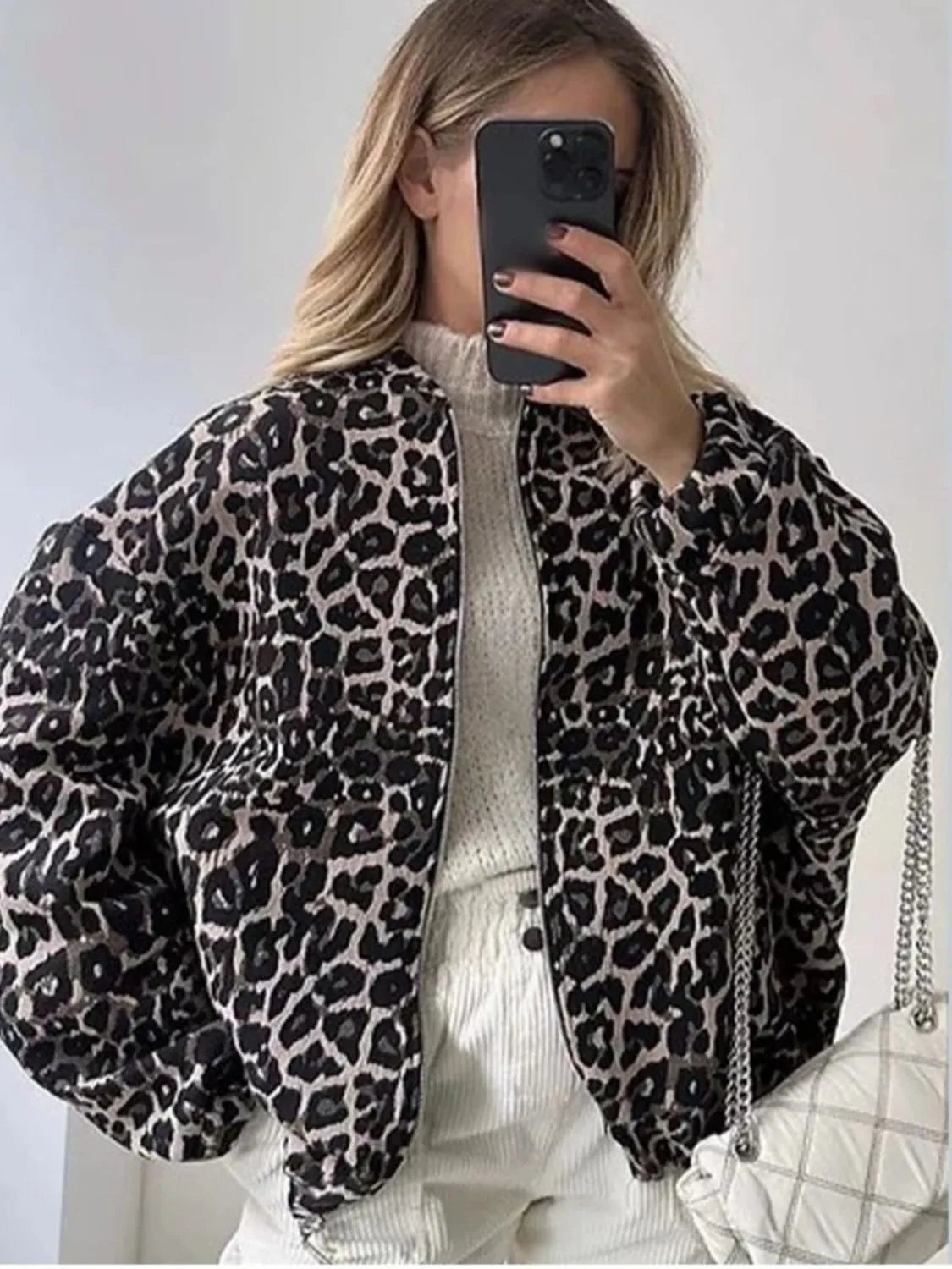 Leopard Print Oversized Bomber Jacket
