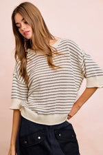 BiBi Stripes Short Sleeves Rib Banded Outseam Knit Top