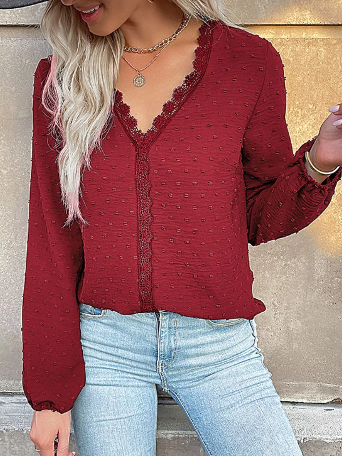 Lace Detail V-Neck Long Sleeve Blouse