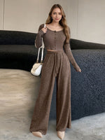Casual Knit Long Sleeve Top and Wide Leg Pants Set