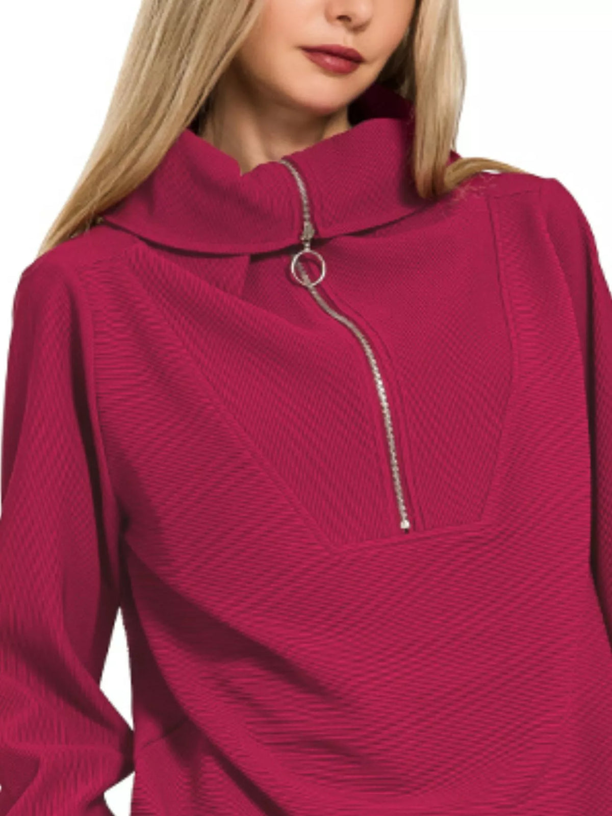 Zenana Ribbed High Neck Half Zip Pullover & Pants Set
