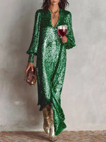 Sequin Notched Lantern Sleeve Maxi Dress