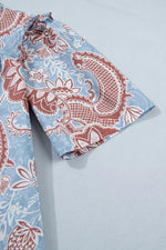 Floral Print Scalloped Trim Button Down Short Sleeve Shirt