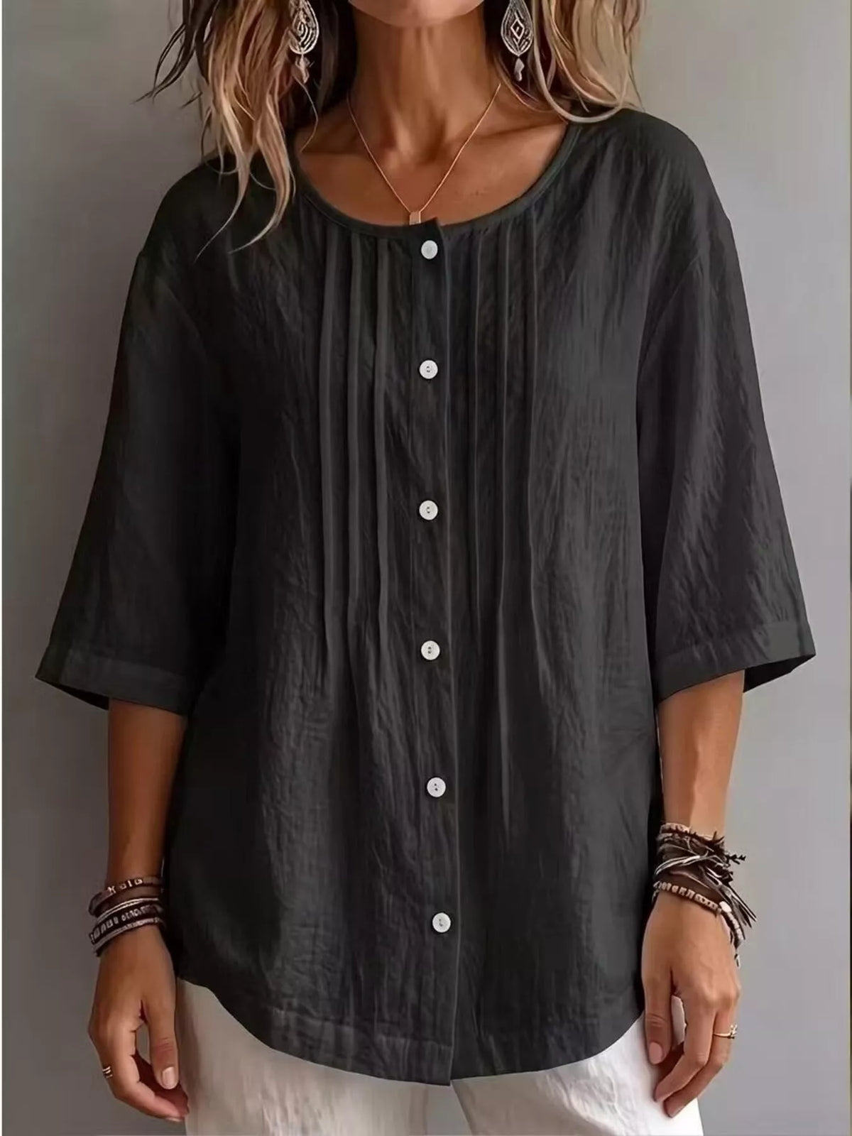 Full Size Texture Round Neck 3/4 Sleeve Blouse Plus Size