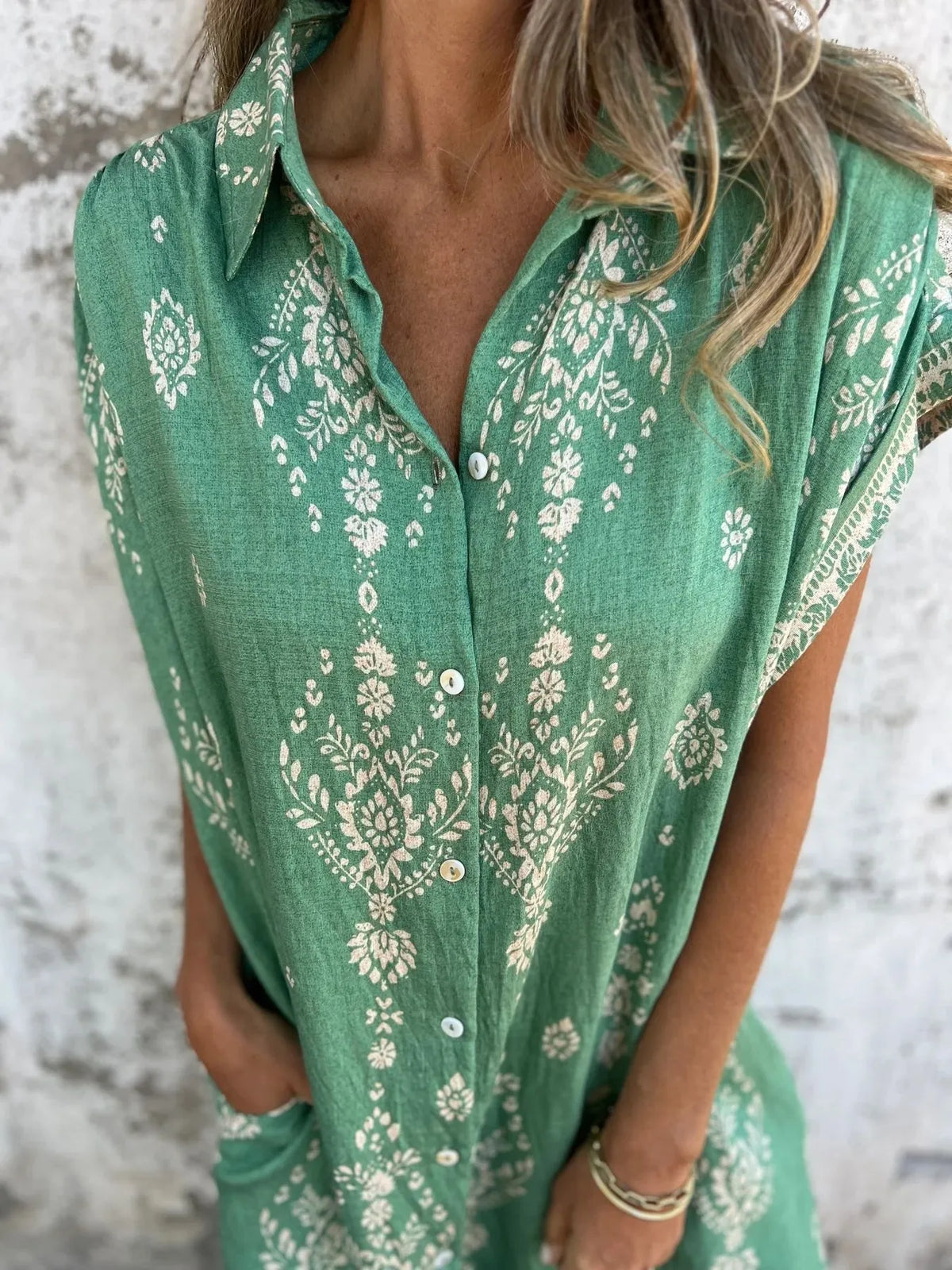 Full Size Printed Short Sleeve Button-Up Shirt Dress Plus Size