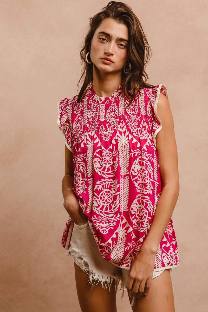 BiBi Printed Ruffle Sleeve Top