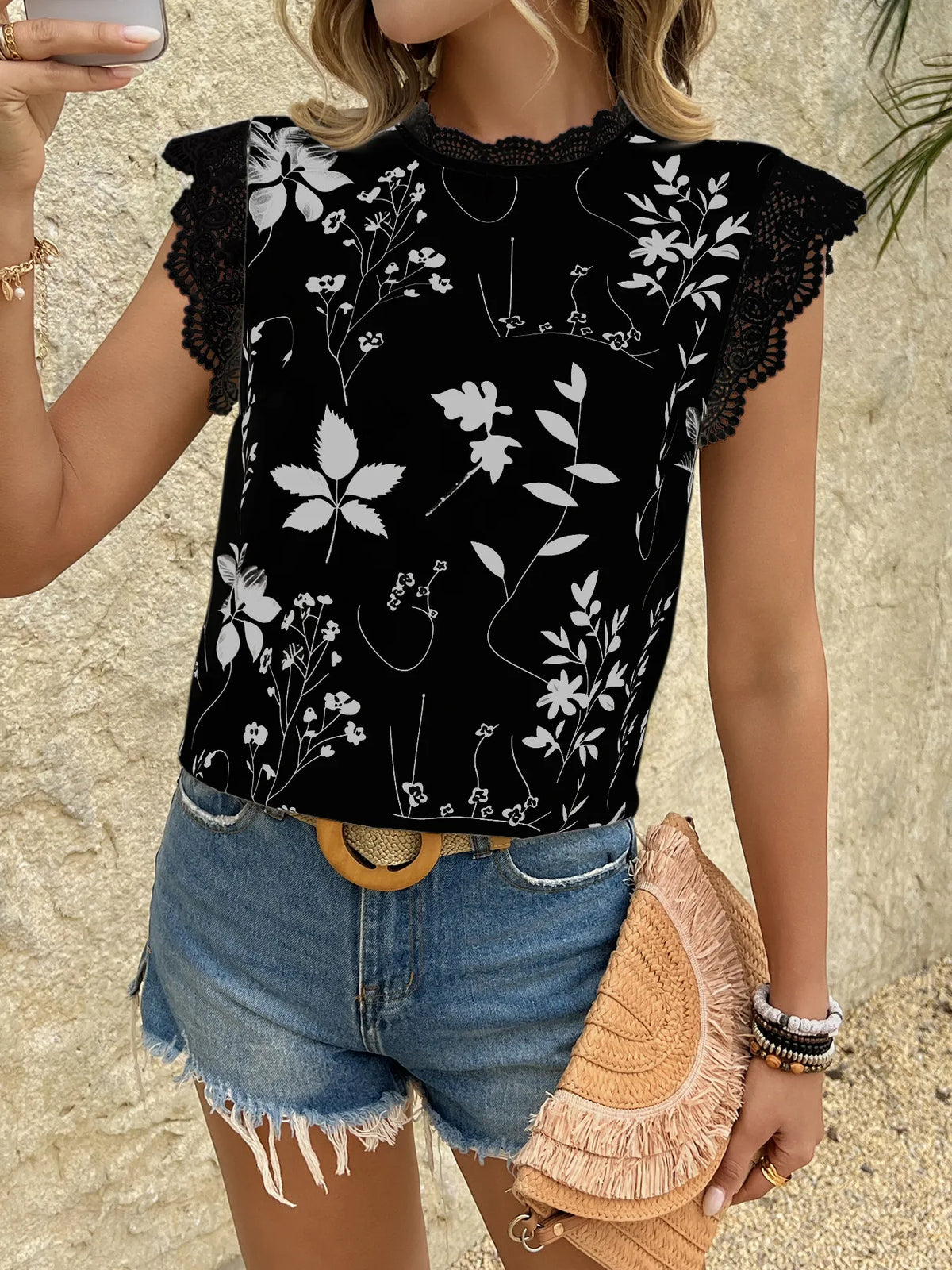 Lace Trim Sleeveless Blouse