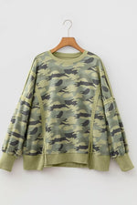 Camouflage Waffle Knit Raw Edge Contrast Trim Oversized Long Sleeve Top
