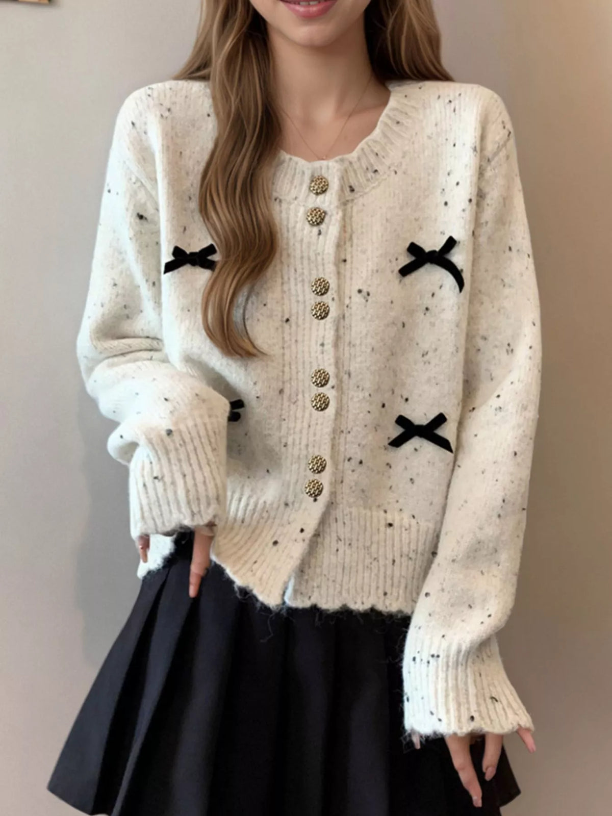Bow Button Up Ribbed Hem Cardigan