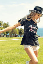 BiBi Laser Cut Mineral Washed America Print Top
