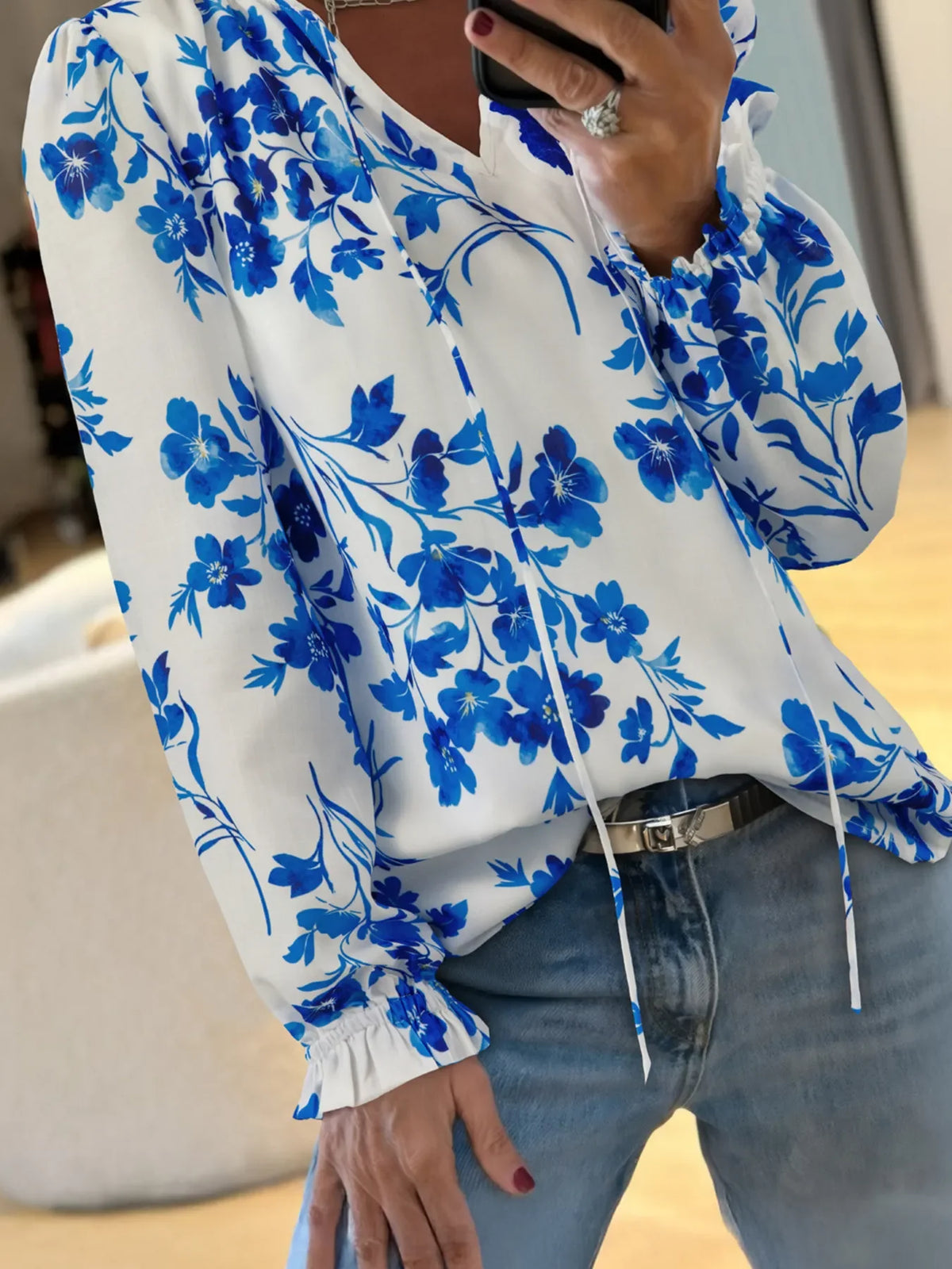 Floral Long Sleeve Tie Neck Blouse