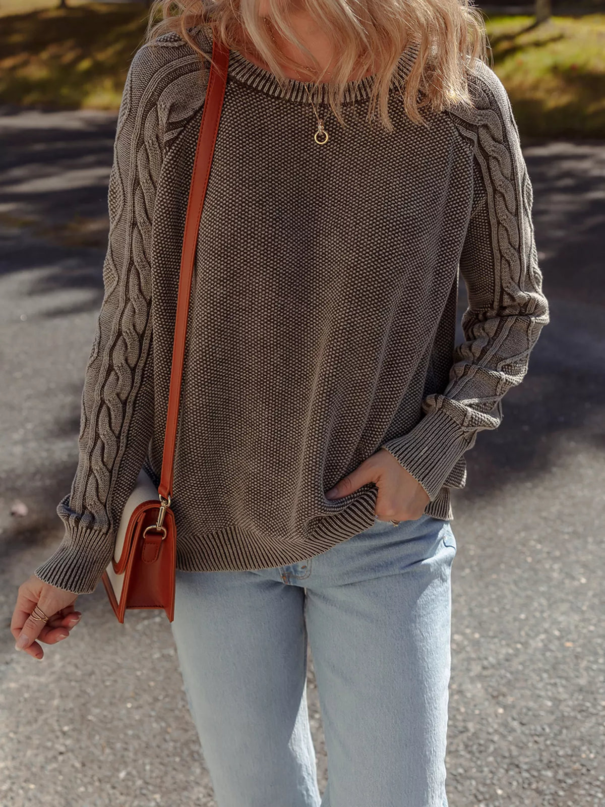 Contrast Cable Knit Sleeve Casual Sweater