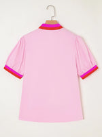 Contrast Trim Notched Short Sleeve Blouse