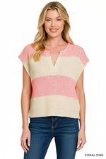 Zenana Split Neck Sleeveless Stripe Sweater