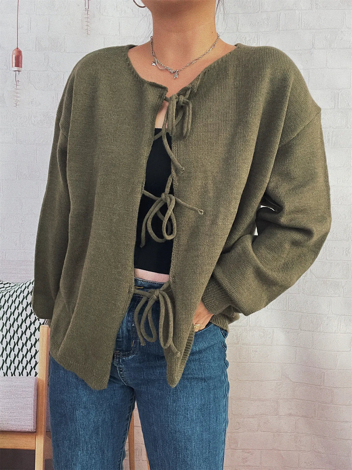 Tie Front Drop Shoulder Cardigan