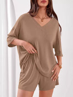 Casual Solid Color V-Neck Top & Shorts Set