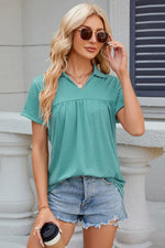 Ruched Johnny Collar Short Sleeve Blouse
