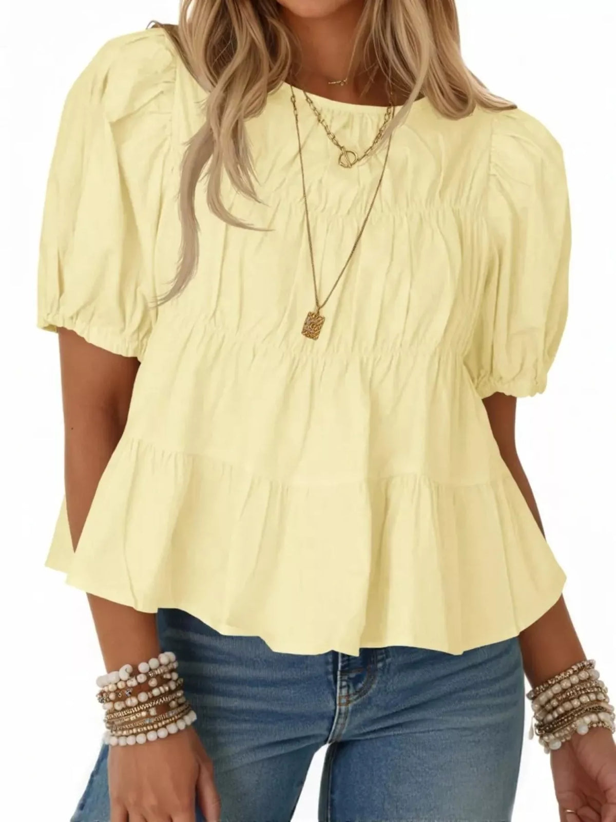 Ruched Tiered Puff Sleeve Blouse