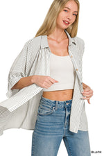 Zenana Full Size Woven Stripe Button Down Boxy Shirt Plus Size