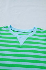 Stripe Colorblock Detail Puff Sleeve Top Drawstring Shorts 2pcs Outfit