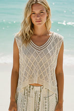 POL V-Neck Crochet Tank with Diamond Weave Knit Patterns