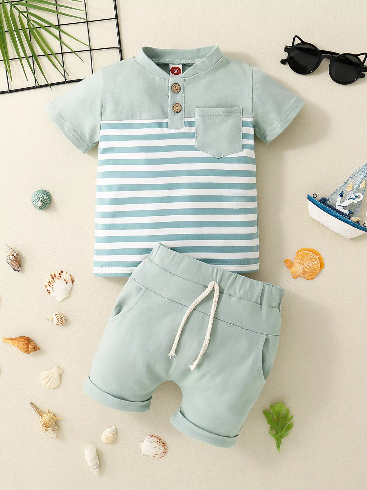 Children's Striped Button Detail Polo and Shorts Set