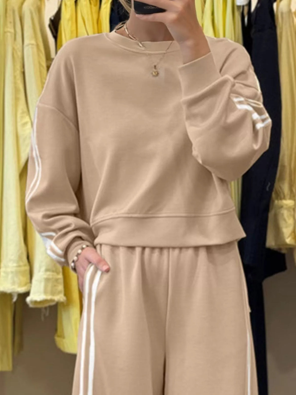 Striped Detail Crewneck Top and Elastic Sweatpants 2pcs Set