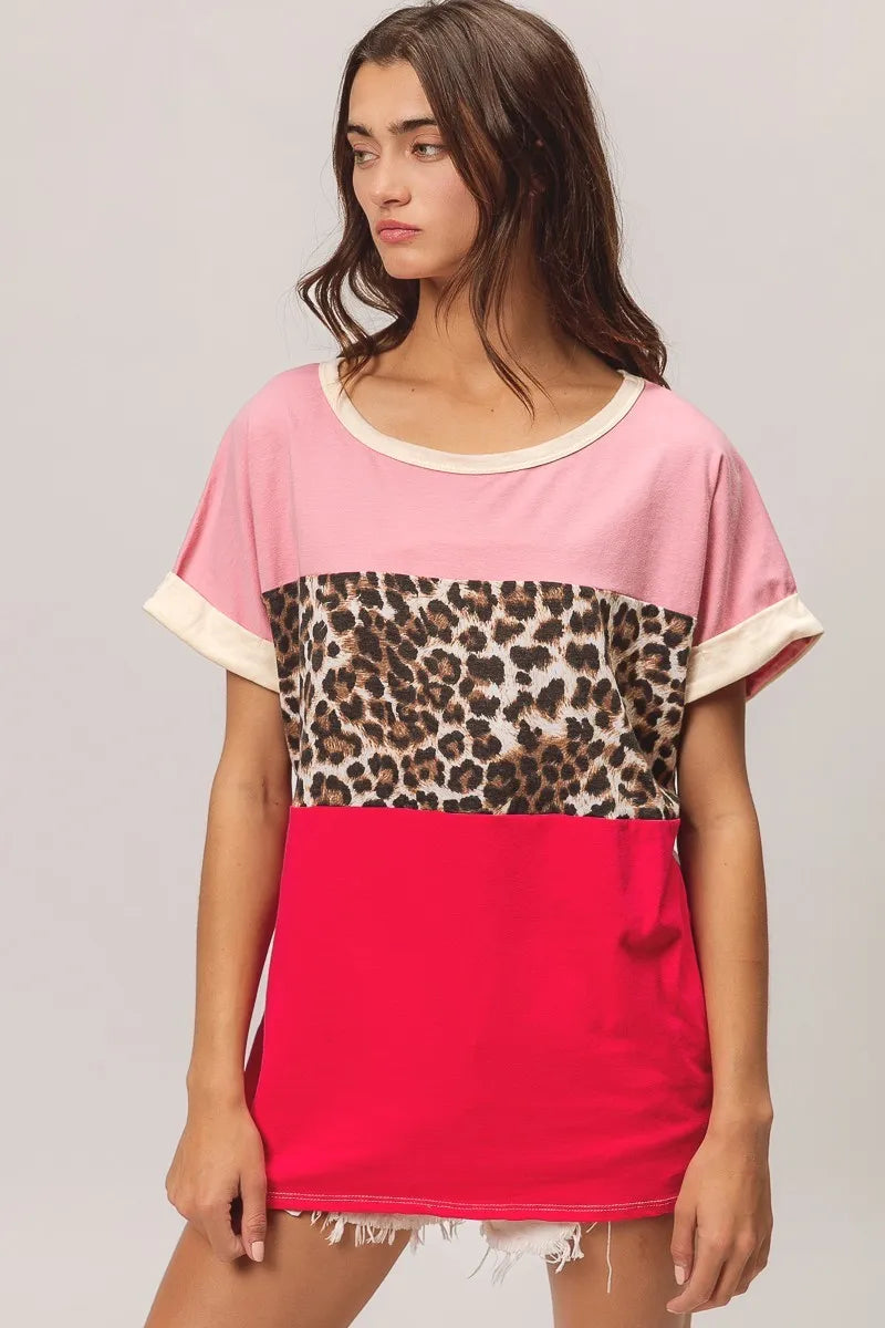 BiBi Leopard Printed JerseyColor Block Roll Up