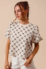 SO ME Bow Texture Woven Bubble Sleeve Top