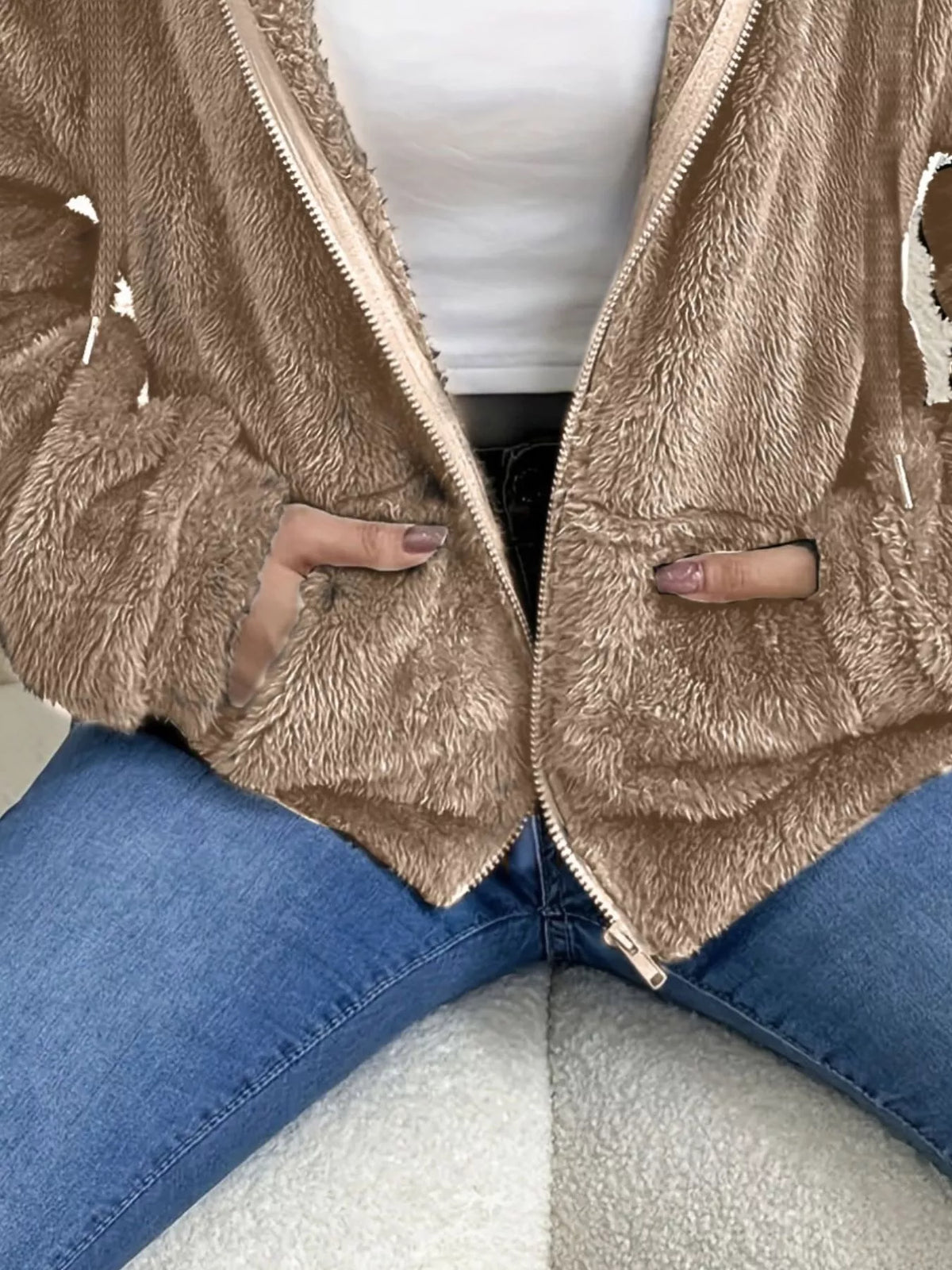 Drawstring Fleece Zip-Up Outerwear