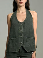 Halter Neck Button-Down Denim Vest
